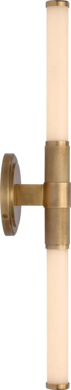 The Barrett 21" bath light combines up and down illumination with a sophisticated natural brass finish and white glass shades. Its transitional design bridges traditional warmth with contemporary clean lines, making it versatile for various bathroom styles. - alternate view