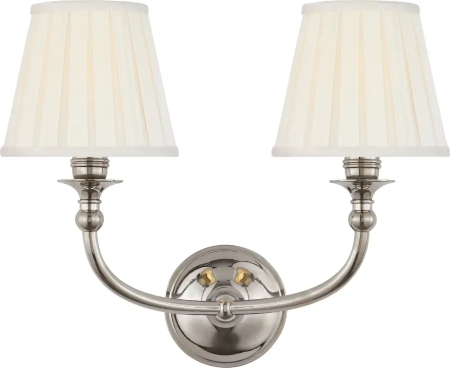 Embers 12" Double Sconce in Butler's Silver with Silk Box Pleat Shades - Image 1