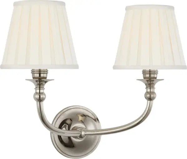 Embers 12" Double Sconce in Butler's Silver with Silk Box Pleat Shades - Image 2