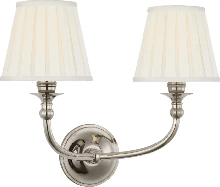 Embers 12" Double Sconce in Butler's Silver with Silk Box Pleat Shades - Image 2