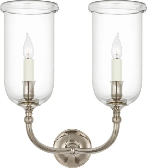 The Embers 20" Double Hurricane Sconce combines classic hurricane styling with refined Butler's Silver finish. Its dual-light design provides substantial illumination while clear glass shades create beautiful ambient glow.