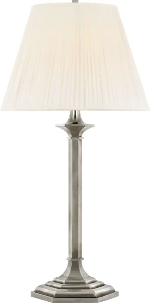 The Irving 27" table lamp combines classic design with sophisticated Butler's Silver finish and luxurious silk pleated shade. Its medium scale makes it versatile for bedrooms, living spaces, and offices.