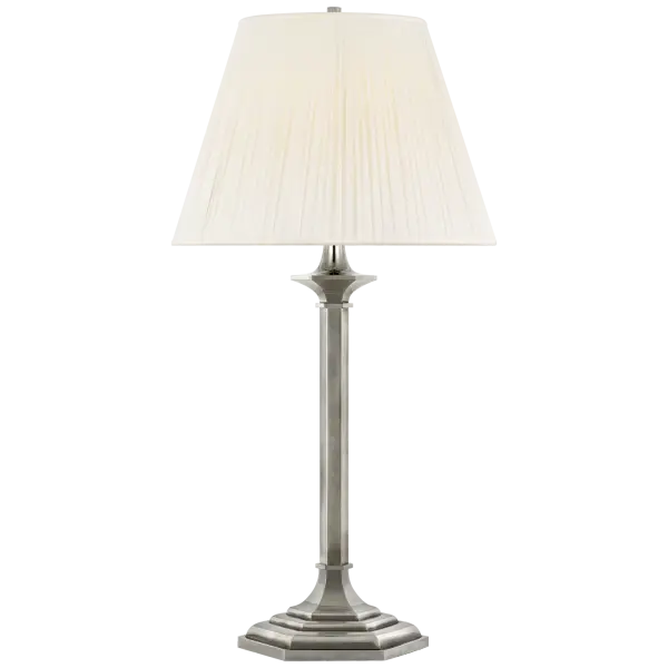 The Irving 27" table lamp combines classic design with sophisticated Butler's Silver finish and luxurious silk pleated shade. Its medium scale makes it versatile for bedrooms, living spaces, and offices. - alternate view