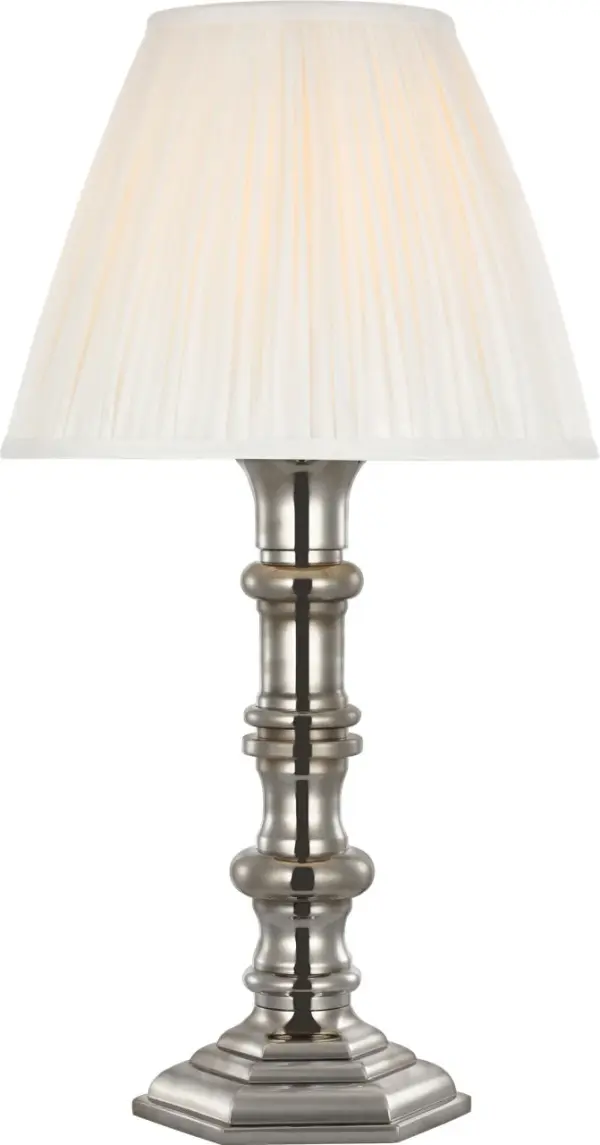 The Thatcher cordless table lamp combines sophisticated Butler's Silver finish with practical wireless functionality. Its 21" height and pleated silk shade deliver refined ambient lighting perfect for modern living.