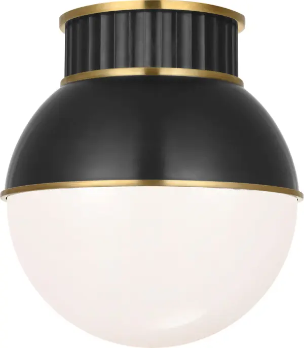 The Cavill combines bronze and natural brass finishes with white glass for a refined, compact ceiling fixture. Its 12-inch profile makes it ideal for spaces with lower ceilings or smaller rooms requiring elegant illumination.
