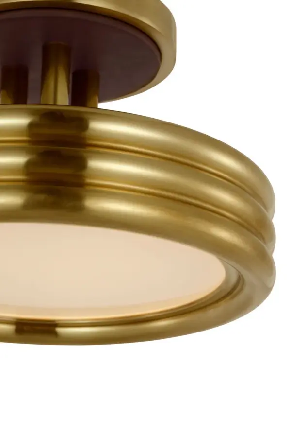 The Hudson St. combines warm natural brass with rich carob leather wrapping for a refined, compact ceiling fixture. Its 8-inch profile delivers upscale style without overwhelming smaller spaces. - alternate view