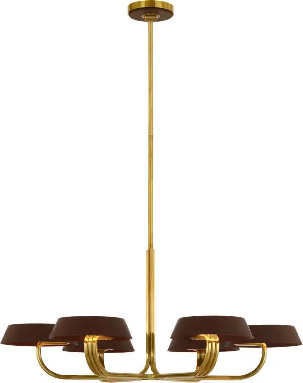 The Hudson St. chandelier combines warm natural brass with rich carob leather wrapping for a refined, contemporary statement. At 37 inches, it's perfectly scaled for larger dining tables and kitchen islands, offering sophisticated illumination with artisanal craftsmanship. - alternate view