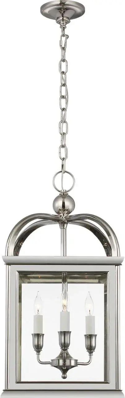 The Rhoades 16" Lantern combines traditional lantern styling with refined polished nickel hardware and clear glass panels. Its substantial 16-inch size makes it ideal for foyers and dining spaces requiring elegant overhead lighting. - alternate view