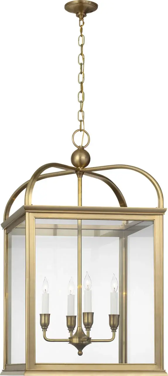 The Rhoades 25" Lantern combines classic lantern styling with substantial scale, featuring warm Natural Brass finish and clear glass panels that create beautiful light diffusion in grand spaces. - alternate view