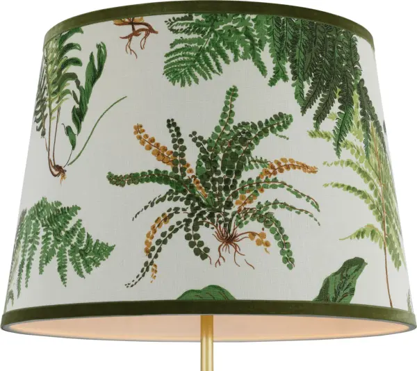 This 16" empire shade features Schumacher's Document Les Fougères pattern, showcasing delicate fern motifs on premium fabric with decorative trim. Perfect for adding sophisticated botanical elegance to table and floor lamps.