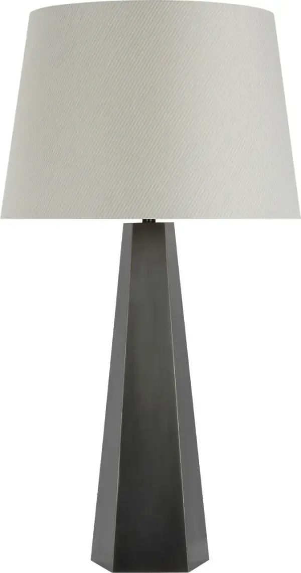 The Zoran table lamp combines classic bronze metalwork with a sophisticated Schumacher blue striped empire shade, creating a refined transitional piece that bridges traditional and coastal aesthetics. - alternate view