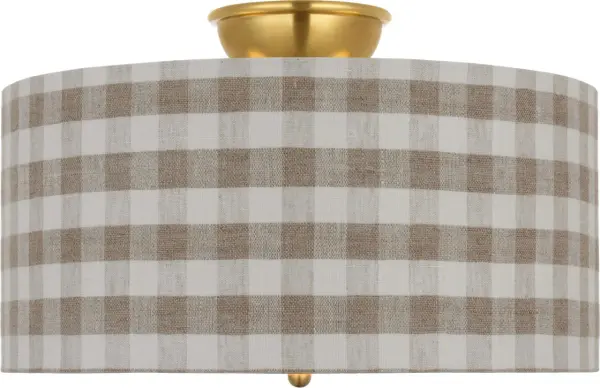 The Cheever flush mount combines traditional elegance with practical functionality. Its 15-inch diameter and hand-rubbed antique brass finish pair beautifully with the Schumacher Natural Sidney Check shade for refined style. - alternate view