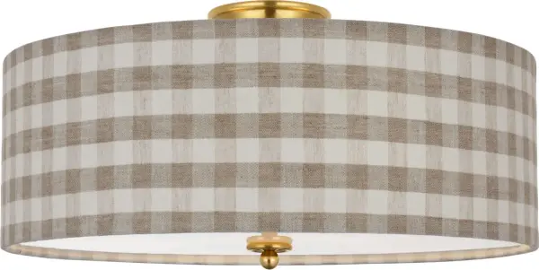 The Cheever flush mount combines traditional brass craftsmanship with a sophisticated check-patterned fabric shade. At 20 inches, it provides ample illumination while maintaining a low profile perfect for standard ceiling heights. - alternate view