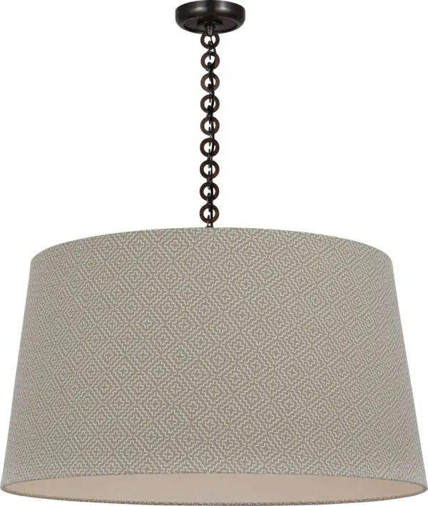 The Evelyn 33" pendant combines warm bronze and natural oak finishes with a premium Schumacher fabric shade, creating a statement piece that bridges traditional and contemporary design sensibilities.