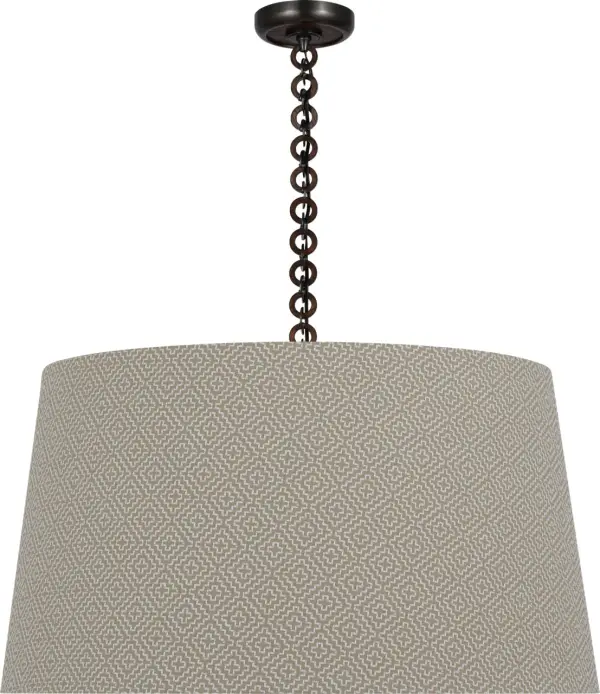 The Evelyn 33" pendant combines warm bronze and natural oak finishes with a premium Schumacher fabric shade, creating a statement piece that bridges traditional and contemporary design sensibilities. - alternate view