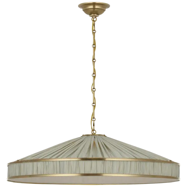 Allister 30" Galleried Hanging Shade in Hand-Rubbed Antique Brass with Schumacher Pleated Blue Charee Stripe - Image 1