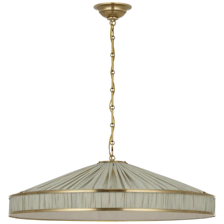 Allister 30" Galleried Hanging Shade in Hand-Rubbed Antique Brass with Schumacher Pleated Blue Charee Stripe - Image 1