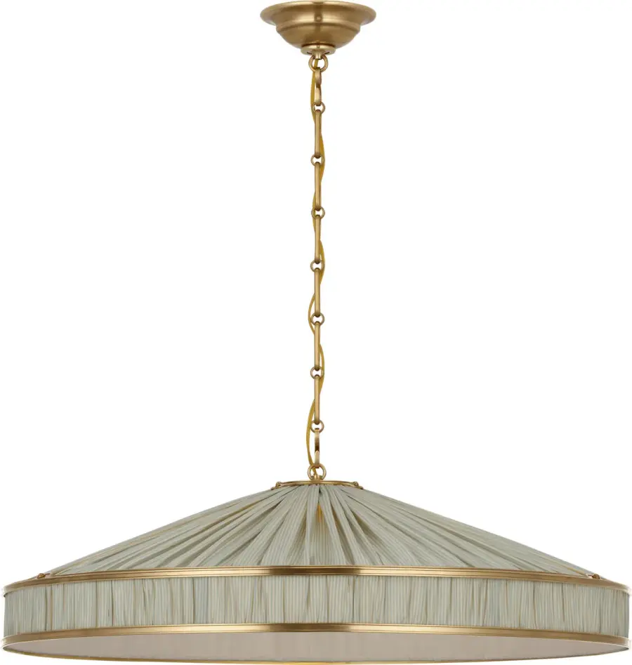 Allister 30" Galleried Hanging Shade in Hand-Rubbed Antique Brass with Schumacher Pleated Blue Charee Stripe - Image 2