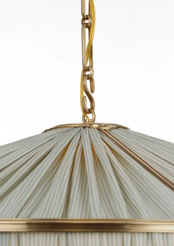 Allister 30" Galleried Hanging Shade in Hand-Rubbed Antique Brass with Schumacher Pleated Blue Charee Stripe - Image 4