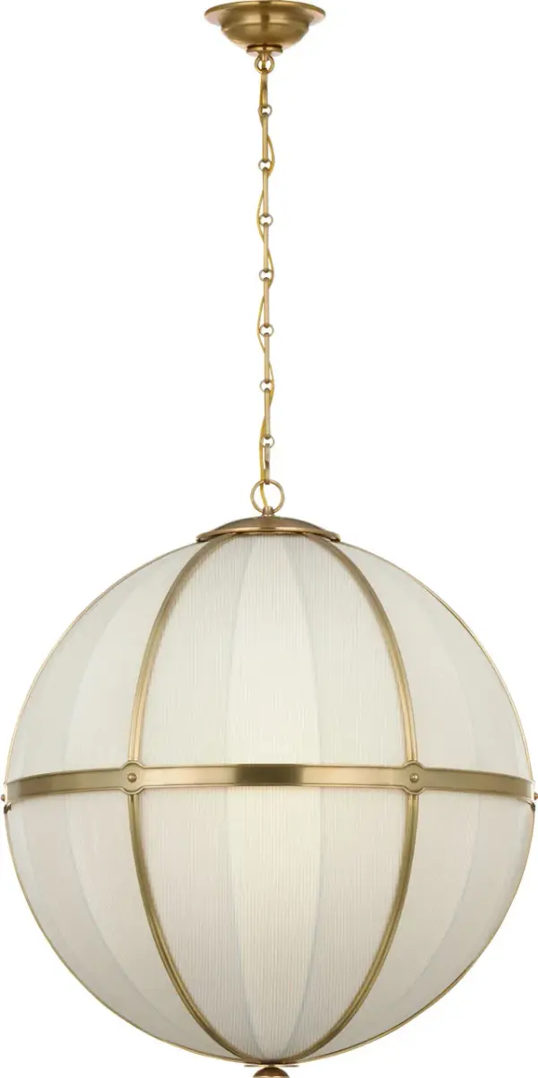 The Allister combines classic globe silhouette with sophisticated Schumacher Blue Charee Stripe fabric, creating a statement piece that bridges traditional and contemporary design. Hand-rubbed antique brass framing adds warmth and luxury. - alternate view