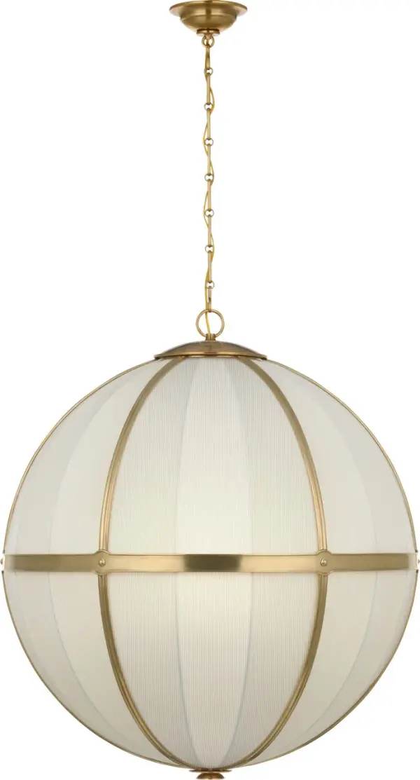The Allister combines a classic globe silhouette with contemporary flair through its distinctive Schumacher blue striped fabric shade and hand-rubbed antique brass frame. At 30 inches, it makes a bold statement while maintaining elegant proportions.
