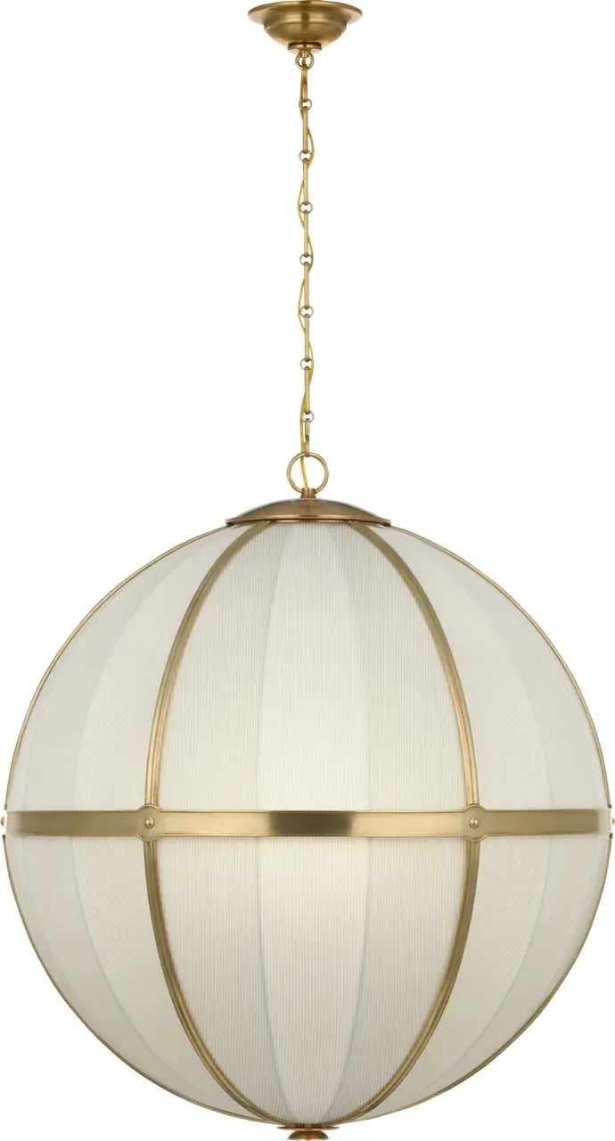 Allister 30" Framed Globe Chandelier in Hand-Rubbed Antique Brass with Blue Charee Stripe - Image 1