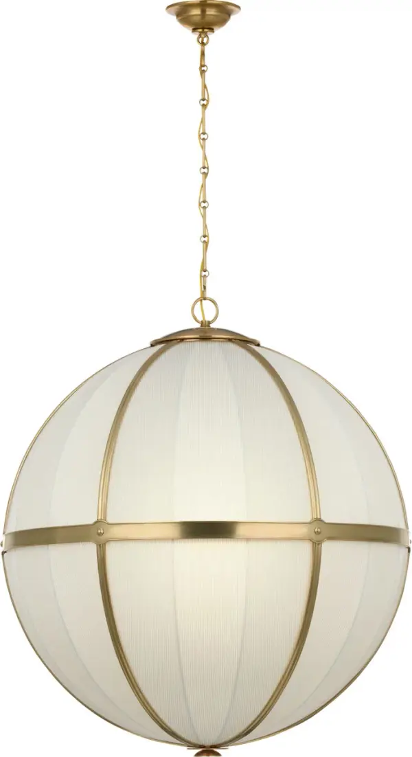 The Allister combines a classic globe silhouette with contemporary flair through its distinctive Schumacher blue striped fabric shade and hand-rubbed antique brass frame. At 30 inches, it makes a bold statement while maintaining elegant proportions. - alternate view