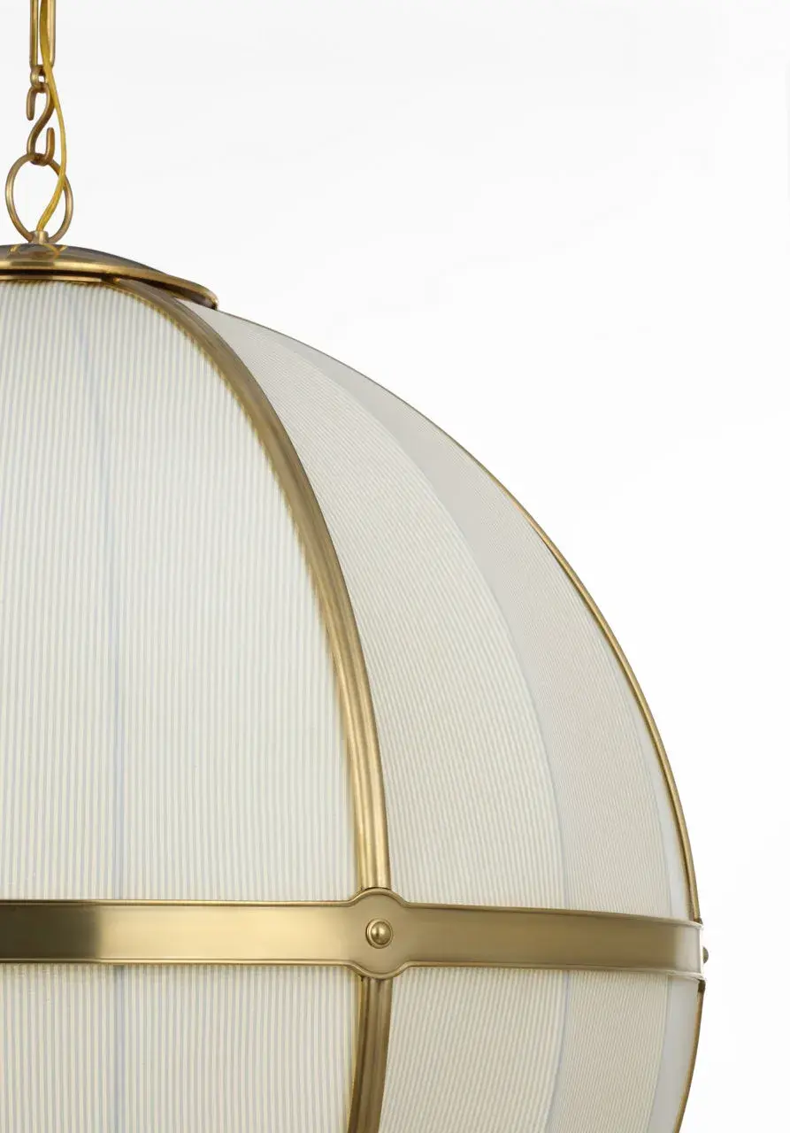 Allister 30" Framed Globe Chandelier in Hand-Rubbed Antique Brass with Blue Charee Stripe - Image 4