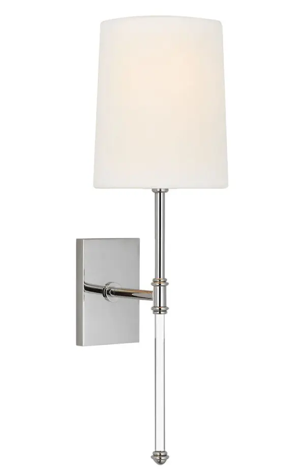 The Camille 16" sconce combines classic elegance with modern versatility. Its polished nickel finish and soft linen shade create a sophisticated look perfect for bathrooms, bedrooms, and hallways. - alternate view