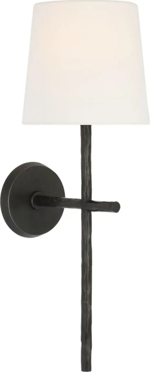 The Collette 23" Tail Sconce combines aged iron metalwork with a soft linen shade, creating a sophisticated lighting solution that works beautifully in traditional and transitional spaces. Its extended tail design adds architectural interest. - alternate view