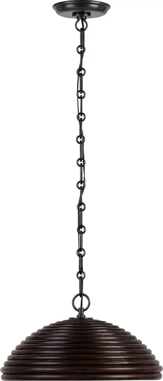 The Emerson pendant beautifully blends organic rattan weaving with refined bronze hardware, creating a warm, textural focal point. At 16 inches, it's perfectly scaled for intimate dining spaces or kitchen islands.