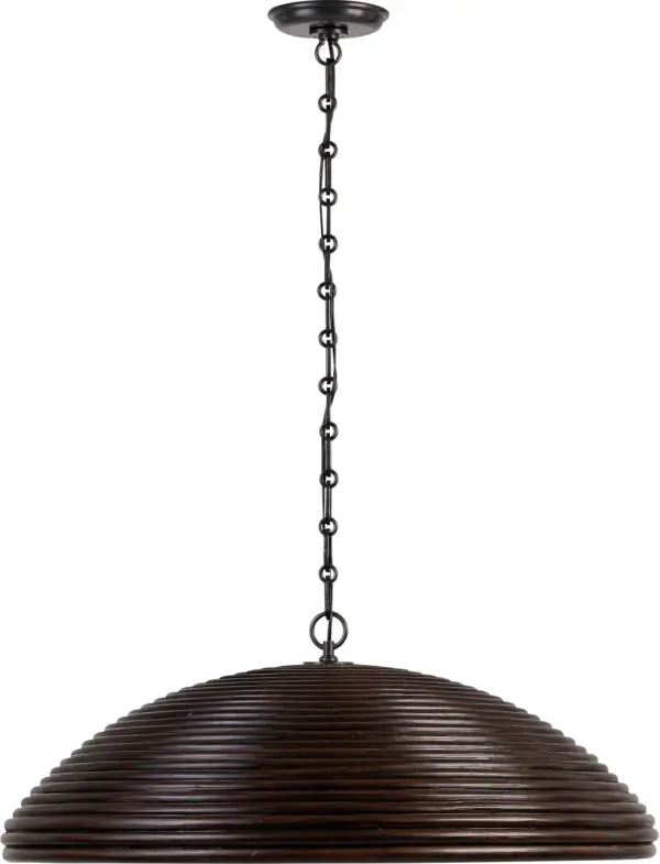 The Emerson 29" pendant brings warmth and organic sophistication with its handwoven espresso rattan shade and bronze finish. At nearly 30 inches wide, this substantial fixture creates dramatic visual impact while diffusing light beautifully through natural fibers. - alternate view