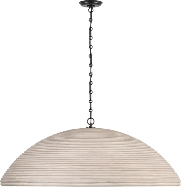 The Emerson 42" pendant makes a bold statement with its handwoven ash rattan shade and bronze finish. This oversized fixture brings organic texture and warm, diffused light to large spaces, perfect for creating a relaxed yet sophisticated atmosphere.