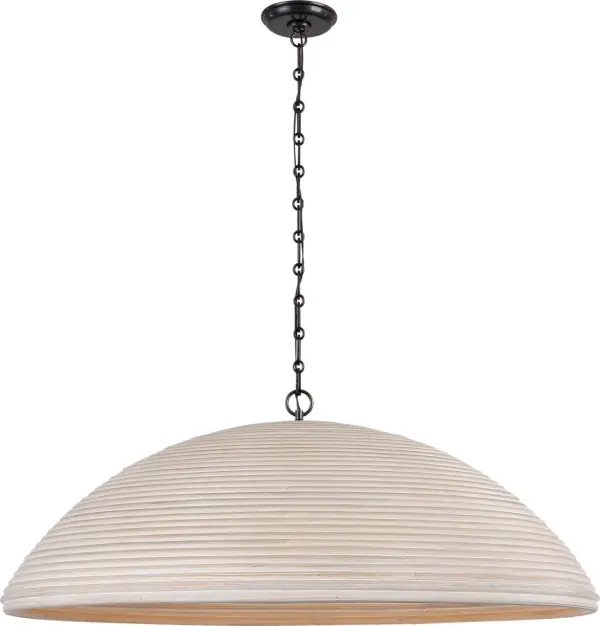 The Emerson 42" pendant makes a bold statement with its handwoven ash rattan shade and bronze finish. This oversized fixture brings organic texture and warm, diffused light to large spaces, perfect for creating a relaxed yet sophisticated atmosphere. - alternate view
