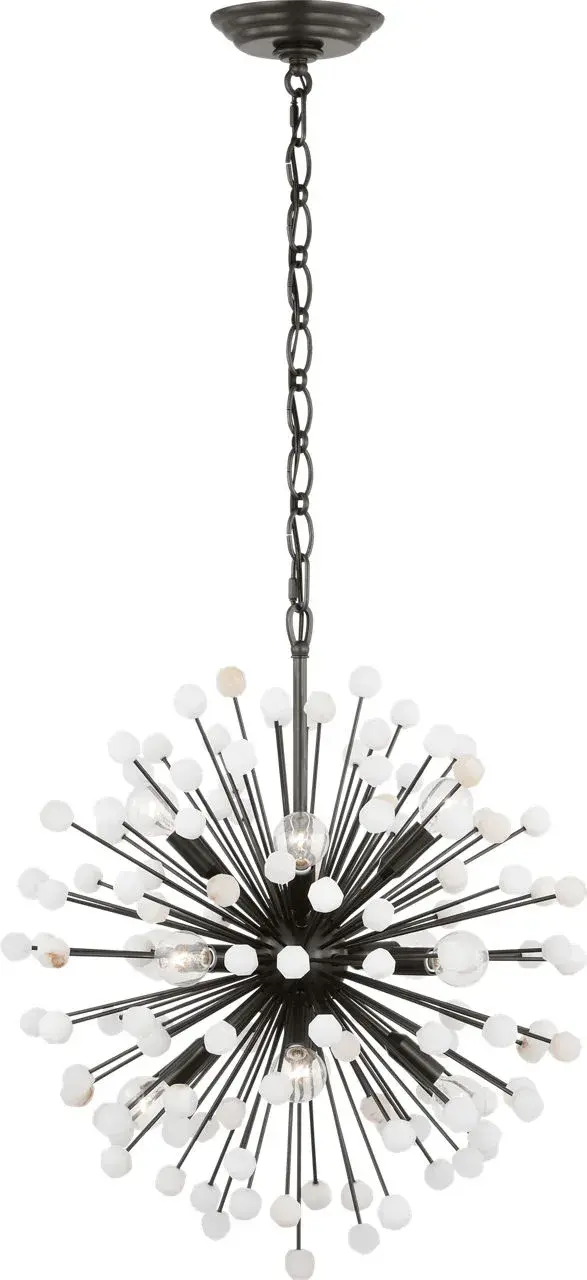 The Lys 21" Chandelier combines warm bronze metalwork with luminous alabaster for a sophisticated lighting statement. Its medium scale and transitional design make it versatile across traditional and contemporary interiors. - alternate view