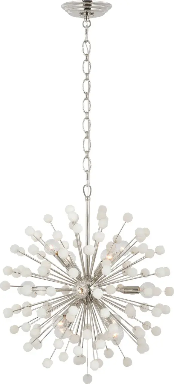 The Lys chandelier combines polished nickel hardware with natural alabaster for a refined, contemporary aesthetic. At 21 inches, it provides elegant illumination perfect for dining spaces and kitchen islands.