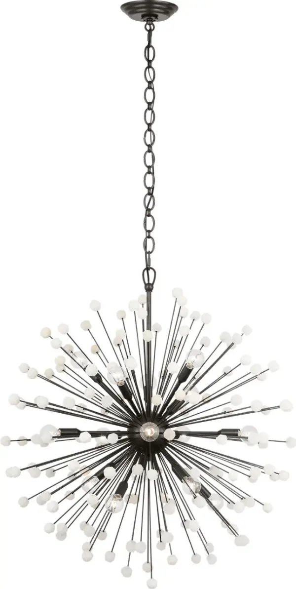 The Lys chandelier combines substantial 31-inch scale with the organic beauty of alabaster and bronze. Its transitional design bridges traditional elegance and contemporary simplicity, making it versatile for formal dining rooms and grand entryways.
