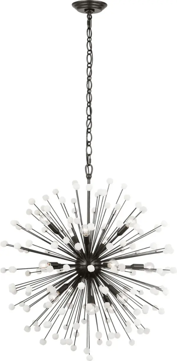 The Lys chandelier combines substantial 31-inch scale with the organic beauty of alabaster and bronze. Its transitional design bridges traditional elegance and contemporary simplicity, making it versatile for formal dining rooms and grand entryways. - alternate view