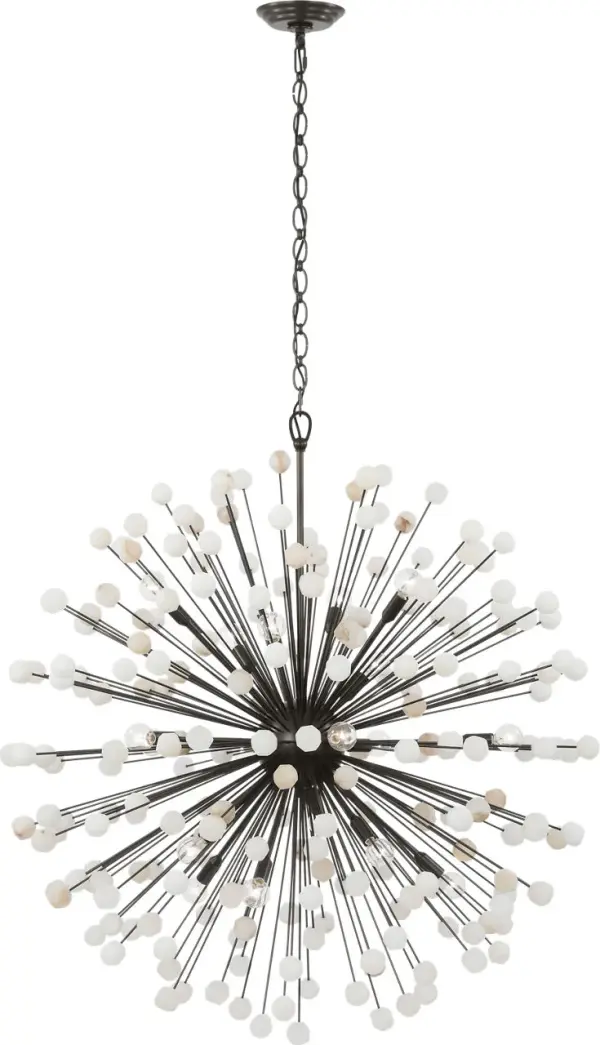 The Lys 41" Chandelier combines substantial scale with refined materials, featuring natural alabaster shades and bronze metalwork. Its generous proportions make it ideal for large dining rooms and grand entryways.