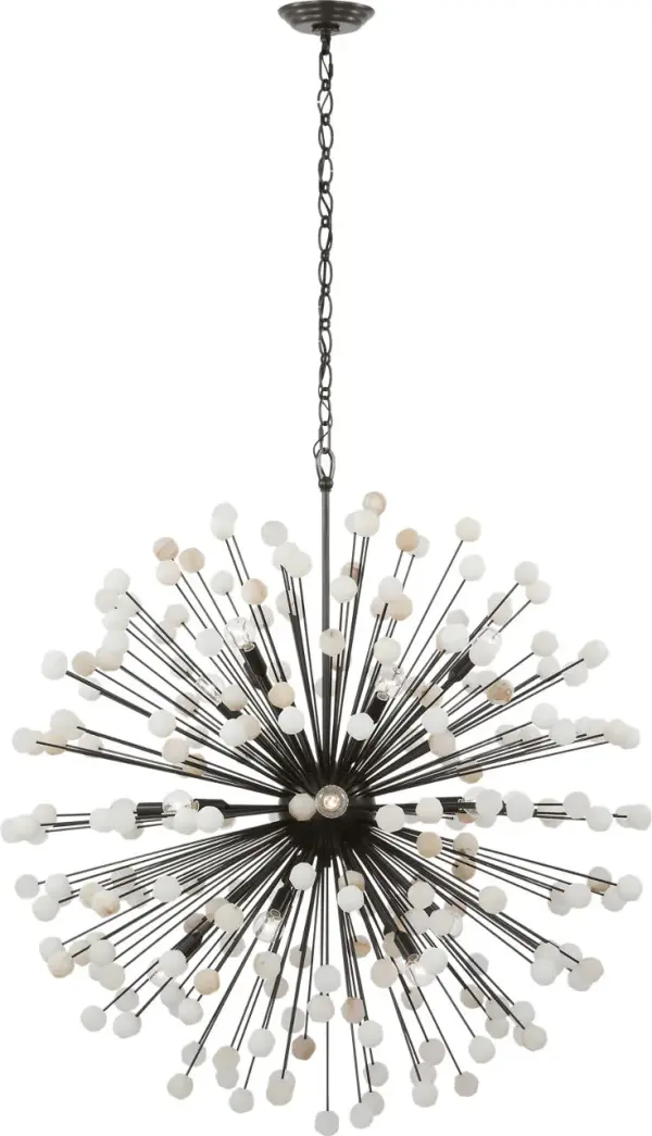 The Lys 41" Chandelier combines substantial scale with refined materials, featuring natural alabaster shades and bronze metalwork. Its generous proportions make it ideal for large dining rooms and grand entryways. - alternate view