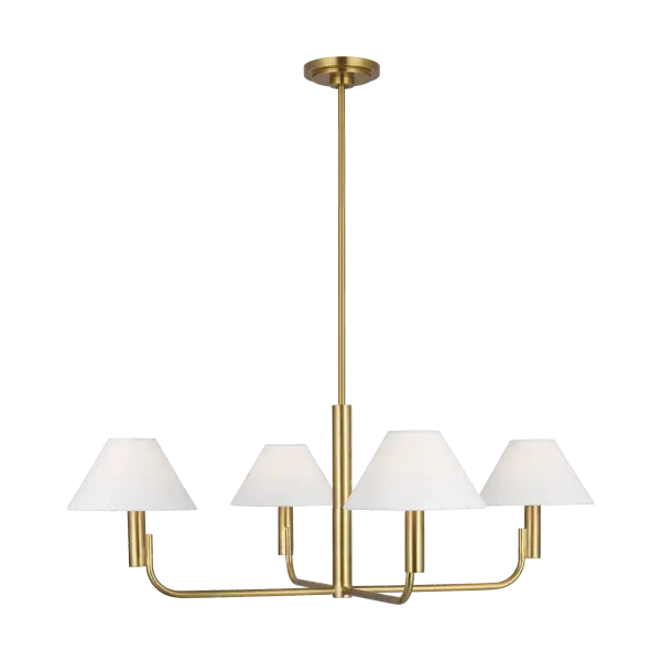 The Colfax Medium Chandelier combines classic elegance with contemporary sensibility. Its burnished brass finish adds warmth and sophistication to any space, making it versatile for both traditional and modern interiors.