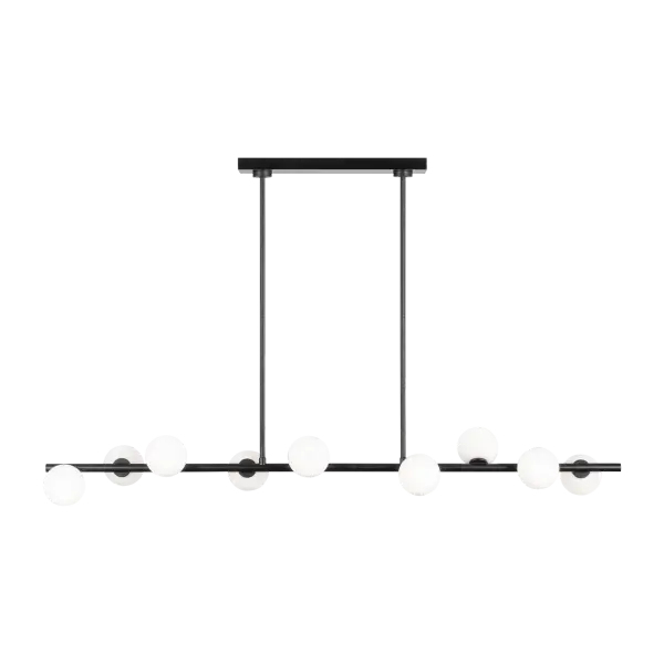The Altair Large Linear Chandelier features a refined minimalist structure with milk glass globes inspired by water droplets. Its elegant aged iron finish and buoyant design create a sophisticated statement piece perfect for modern dining spaces and open-concept areas.