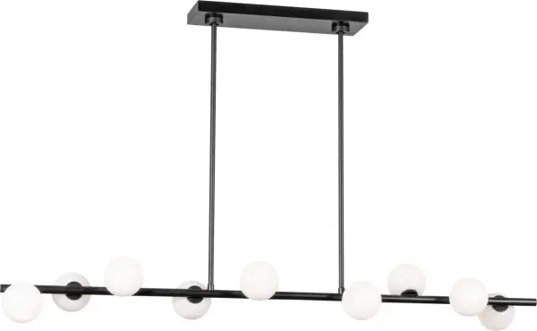 The Altair Large Linear Chandelier features a refined minimalist structure with milk glass globes inspired by water droplets. Its elegant aged iron finish and buoyant design create a sophisticated statement piece perfect for modern dining spaces and open-concept areas. - alternate view