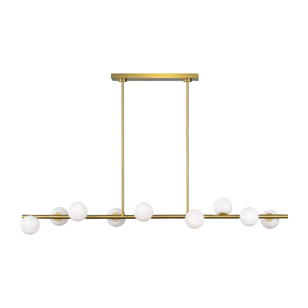 The Altair Large Linear Chandelier features a refined minimalist structure with milk glass globes inspired by water droplets. Its burnished brass finish and buoyant design create an elegant statement piece perfect for modern dining spaces.