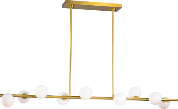 The Altair Large Linear Chandelier features a refined minimalist structure with milk glass globes inspired by water droplets. Its burnished brass finish and buoyant design create an elegant statement piece perfect for modern dining spaces. - alternate view