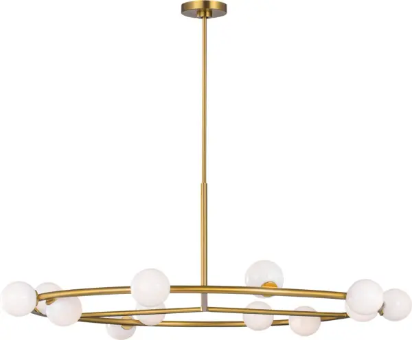 The Altair Extra Large Chandelier combines contemporary minimalism with organic inspiration, featuring milk glass globes shaped like water droplets suspended in a burnished brass framework. Perfect for grand spaces requiring dramatic yet refined lighting.