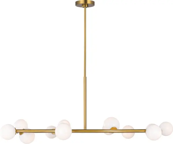 The Altair Extra Large Chandelier combines contemporary minimalism with organic inspiration, featuring milk glass globes shaped like water droplets suspended in a burnished brass framework. Perfect for grand spaces requiring dramatic yet refined lighting. - alternate view