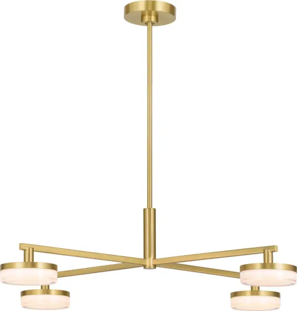 The Khan Large Chandelier makes a dramatic impact with its contemporary design and warm burnished brass finish. Perfect for spacious dining rooms and grand entryways, this fixture combines modern aesthetics with timeless metalwork.