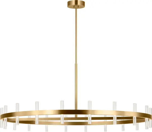 The Silas chandelier makes a bold statement with its impressive 48-inch linear design featuring 40 light sources. The burnished brass finish adds warmth and sophistication, perfect for large dining spaces and kitchen islands.