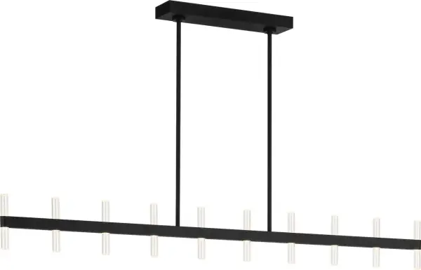 The Silas 56" Linear Chandelier commands attention with its substantial scale and sleek contemporary design. Twenty integrated lights provide exceptional illumination across large spaces, while the midnight black finish adds bold sophistication.